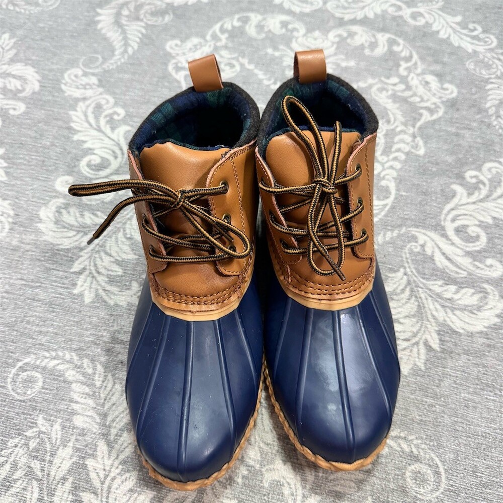 Lands' End Duck Boots Womens 10 Navy Blue Tan Lace-Up Ankle Rain Boots